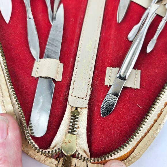 Vintage Manicure Tool Set Stainless Steel 10 pc Beige Leather Case West Germany - Picture 4 of 14